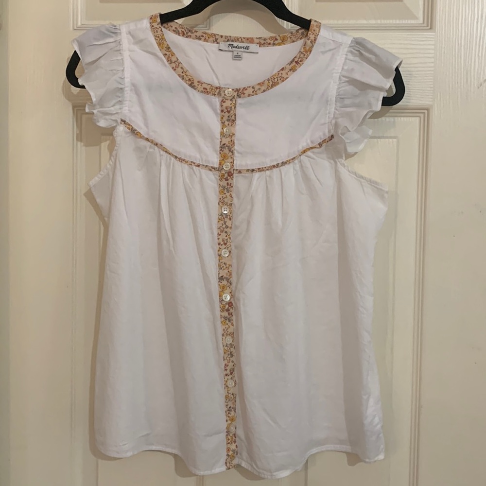 Madewell White Cotton Flutter Sleeve Blouse with Floral Trim
